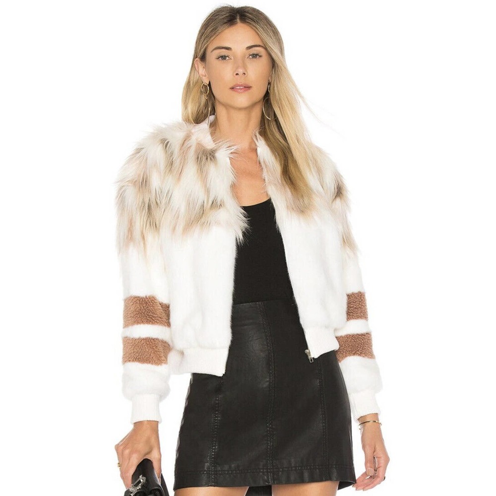 NBD Revolve Bella faux fur zip up moto bomber Teddy jacket Size XXS Vegan